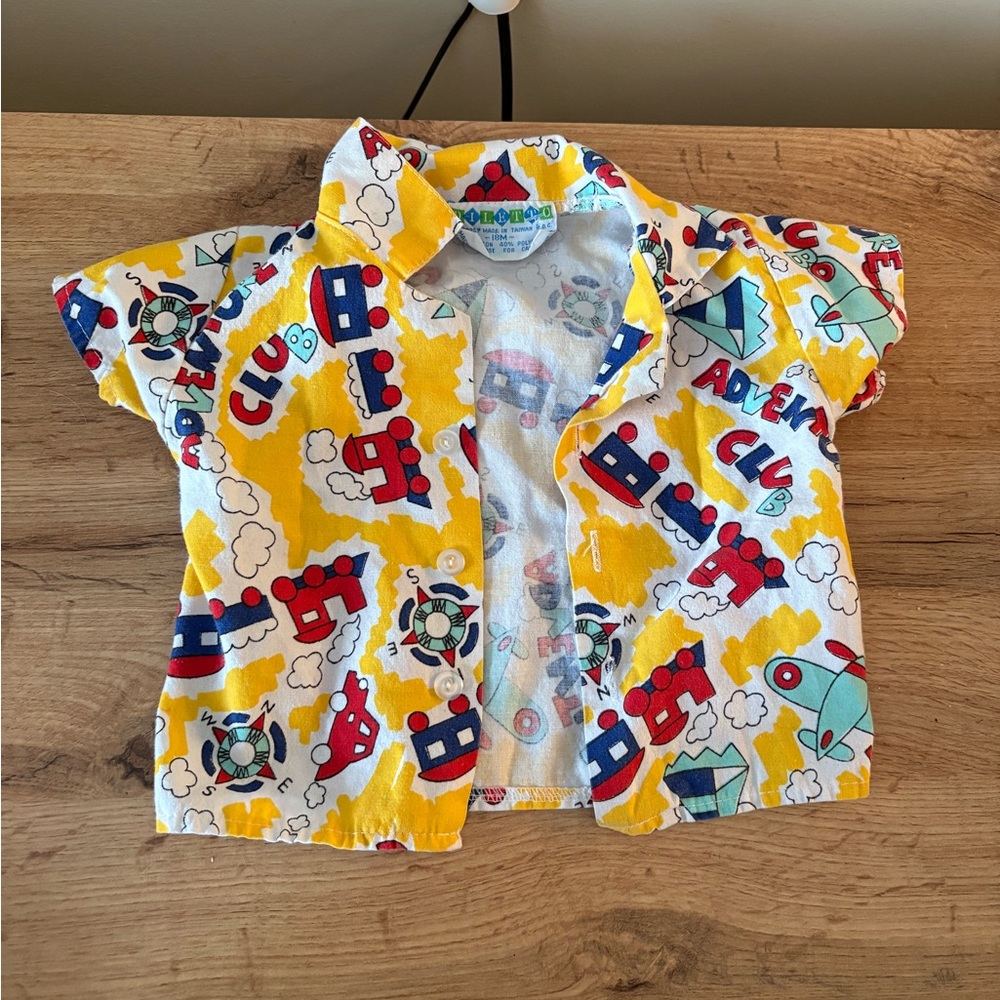 VINTAGE Colorful Kids Train compass Airplane  Adventure Club button Shirt 18M